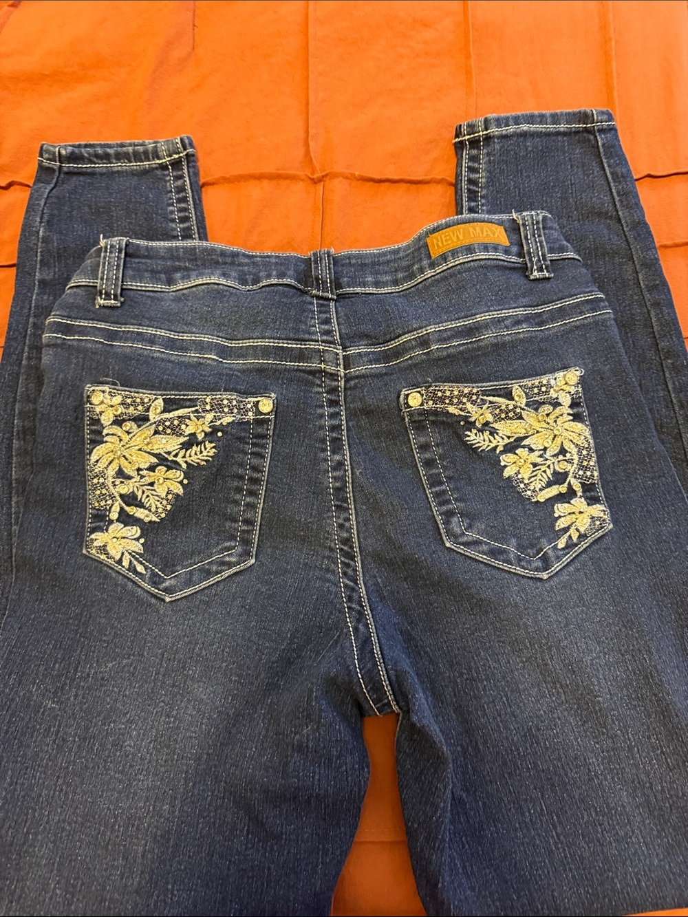 Dark Blue Skinny Jeans with Gold Embroidered Pockets - Picture 1 of 2